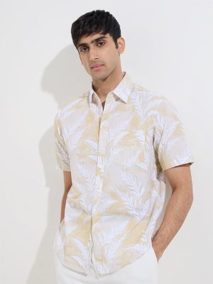 WES Casuals Yellow Leaf Patterned Relaxed-Fit Cotton Shirt