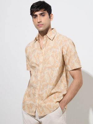 WES Casuals Light Orange Botanical-Printed Relaxed-Fit Cotton Shirt