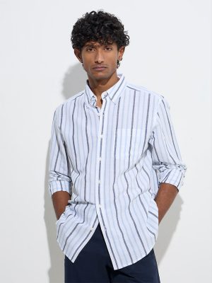 WES Casuals Blue Striped Relaxed-Fit Cotton-Blend Shirt