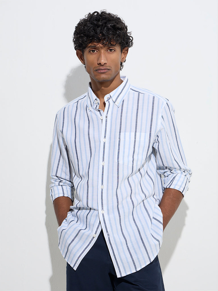 WES Casuals Blue Striped Relaxed-Fit Cotton-Blend Shirt