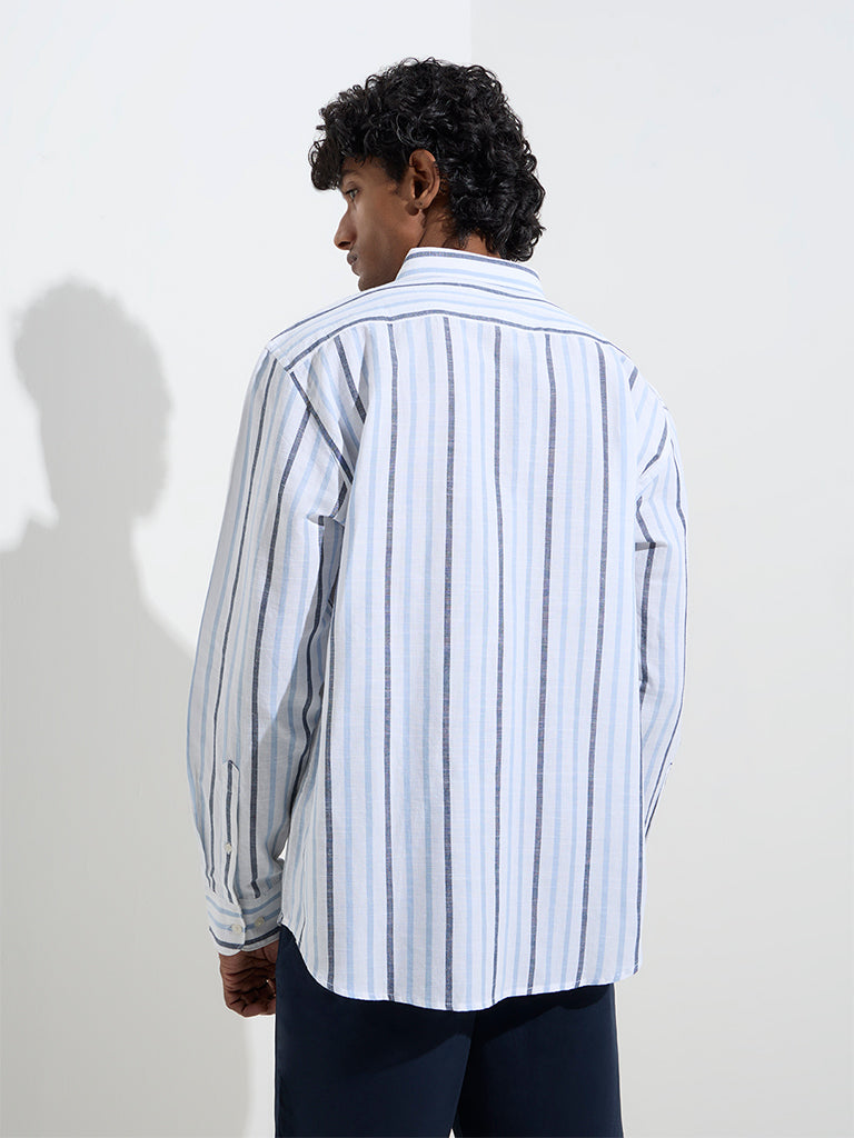 WES Casuals Blue Striped Relaxed-Fit Cotton-Blend Shirt - Image 4