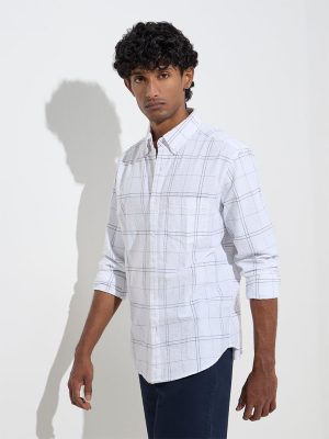 WES Casuals White Checkered Relaxed-Fit Cotton-Blend Shirt