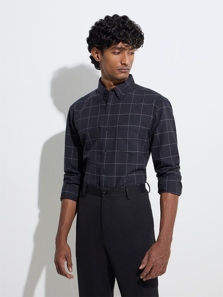 WES Casuals Black Checkered Relaxed-Fit Cotton Shirt