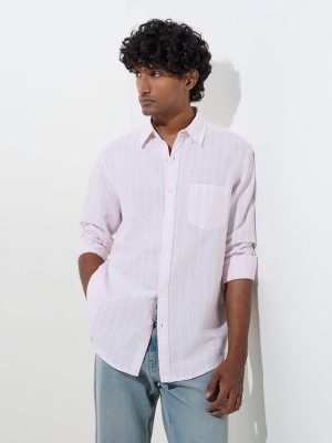 WES Casuals Light Pink Striped Relaxed-Fit Cotton-Blend Shirt