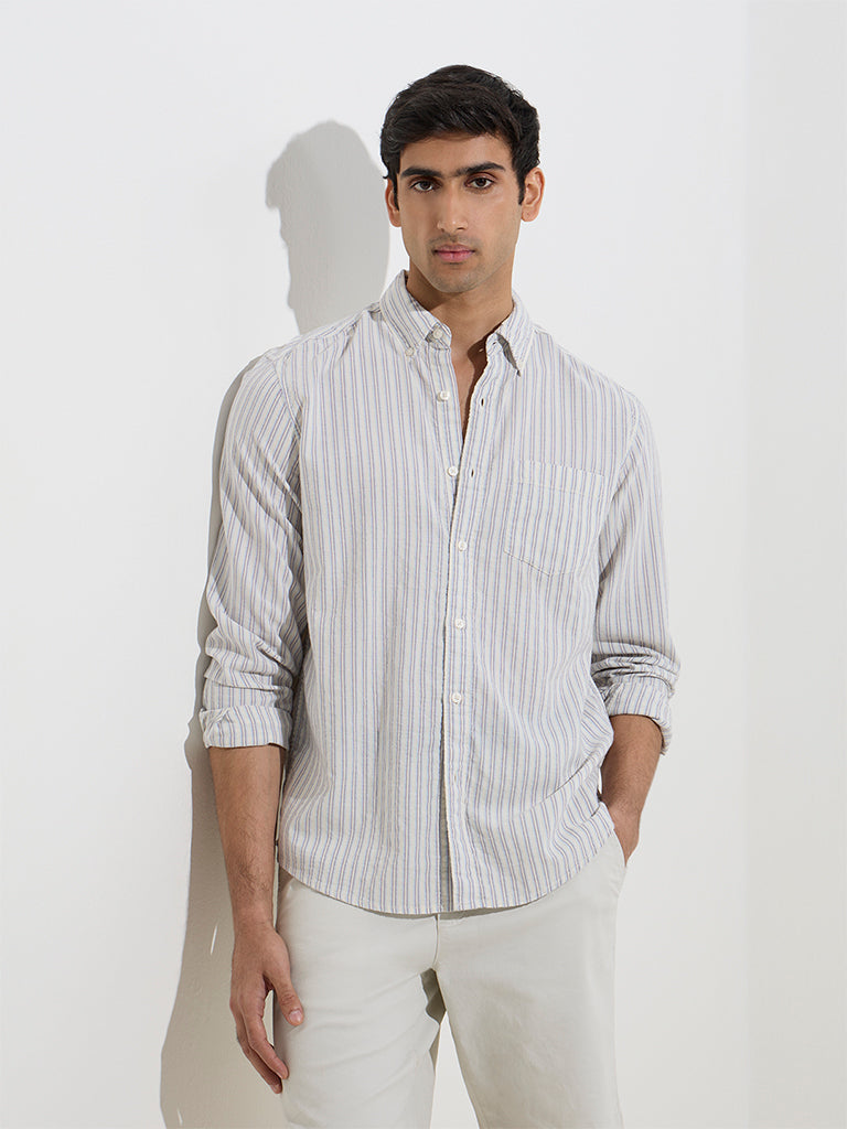 WES Casuals Blue Striped Relaxed-Fit Cotton-Blend Shirt - Image 3
