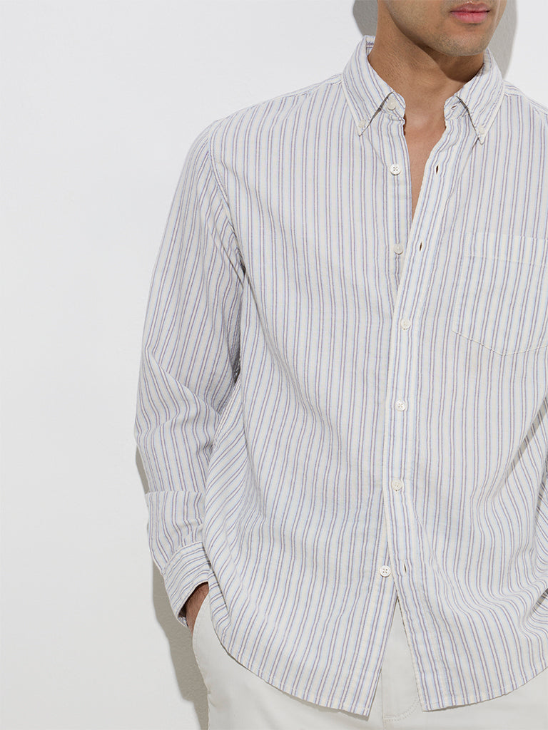 WES Casuals Blue Striped Relaxed-Fit Cotton-Blend Shirt - Image 4