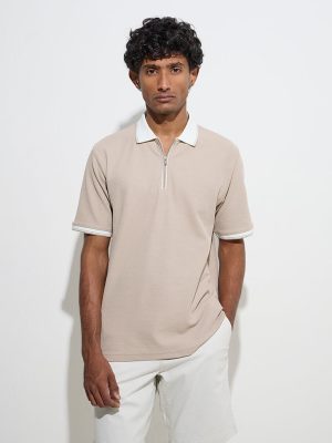 WES Casuals Beige Quarter Zip Polo T-Shirt