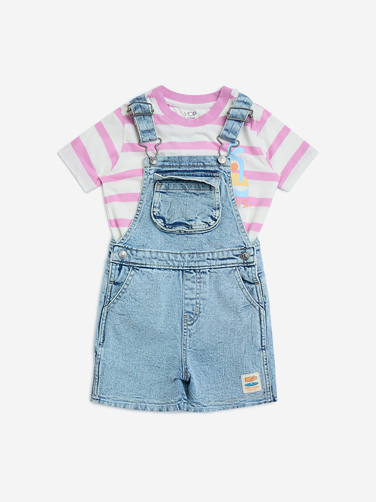 HOP Kids Light Blue Denim Dungaree with Top Set