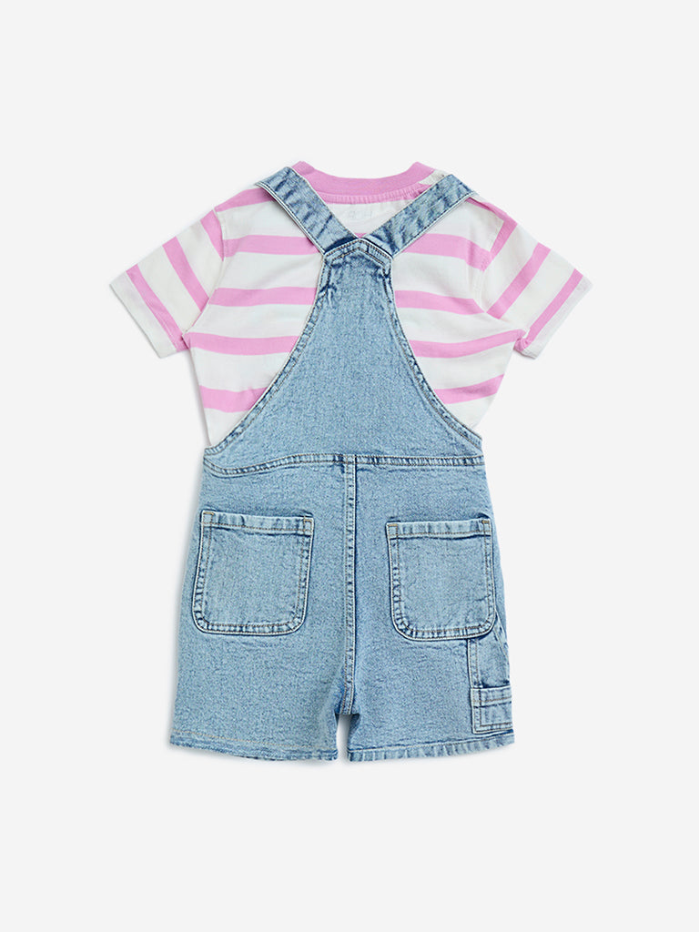 HOP Kids Light Blue Denim Dungaree with Top Set - Image 2