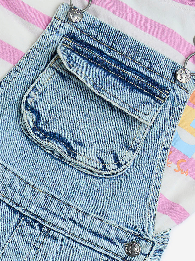 HOP Kids Light Blue Denim Dungaree with Top Set - Image 3