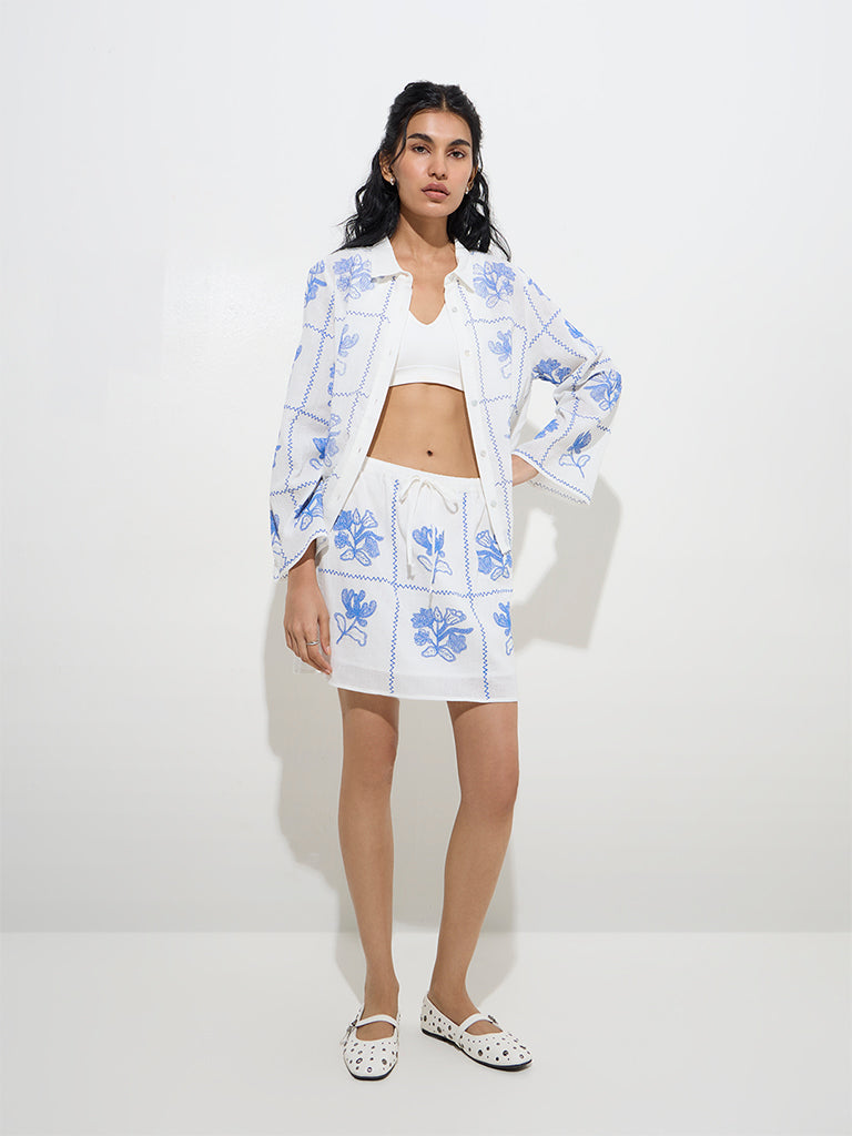 Bombay Paisley White Floral Embroidered Cotton Skirt