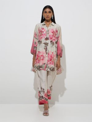 Vark Pink Floral Design Ethnic Tunic with Pants Set