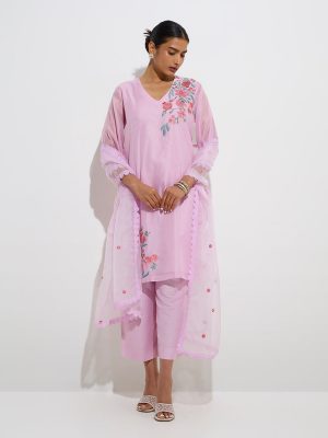 Vark Pink Cotton Straight Kurta. Ethnic Pants Dupatta Set