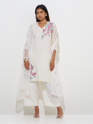 Vark White Floral A-Line Kurta. Palazzos and Dupatta Set