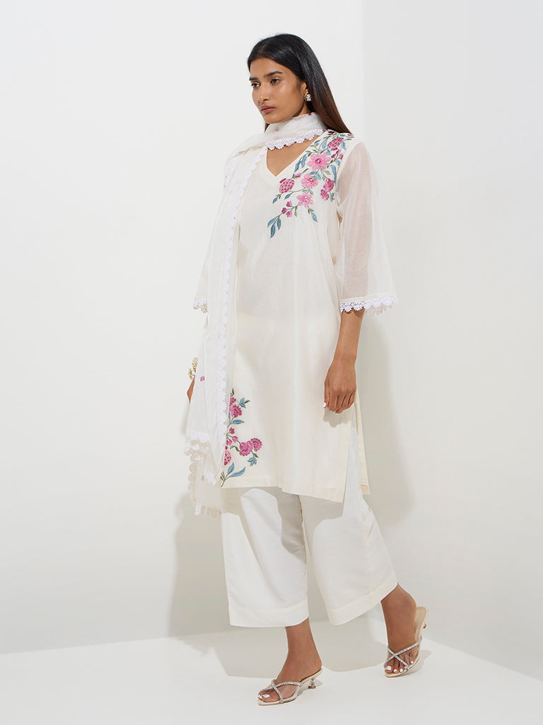 Vark White Floral A-Line Kurta. Palazzos and Dupatta Set - Image 2