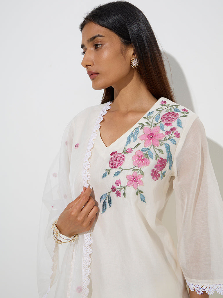 Vark White Floral A-Line Kurta. Palazzos and Dupatta Set - Image 3