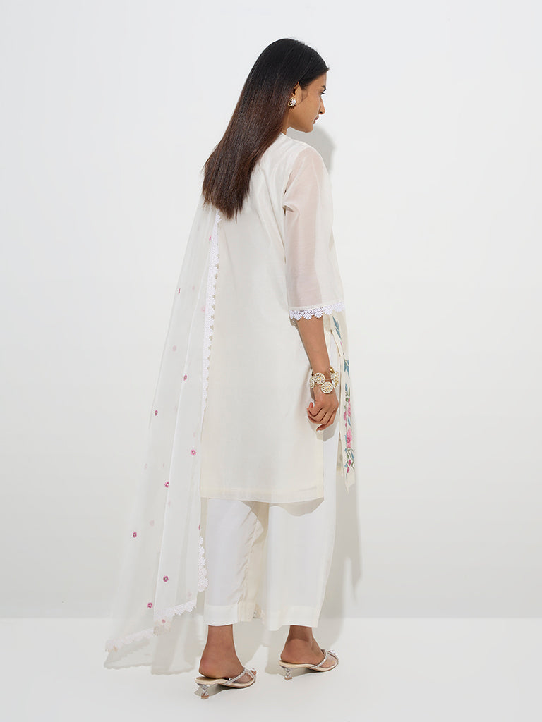 Vark White Floral A-Line Kurta. Palazzos and Dupatta Set - Image 4