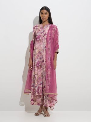 Vark Mauve Foliage A-Line Kurta. Palazzos and Dupatta Set