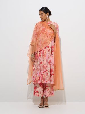 Vark Dark Peach Floral A-Line Kurta. Palazzos Dupatta Set