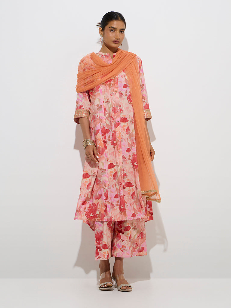 Vark Dark Peach Floral A-Line Kurta. Palazzos Dupatta Set - Image 2