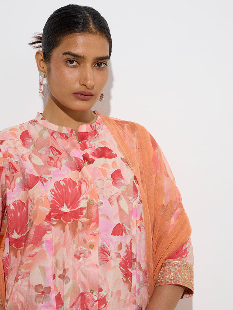 Vark Dark Peach Floral A-Line Kurta. Palazzos Dupatta Set - Image 3