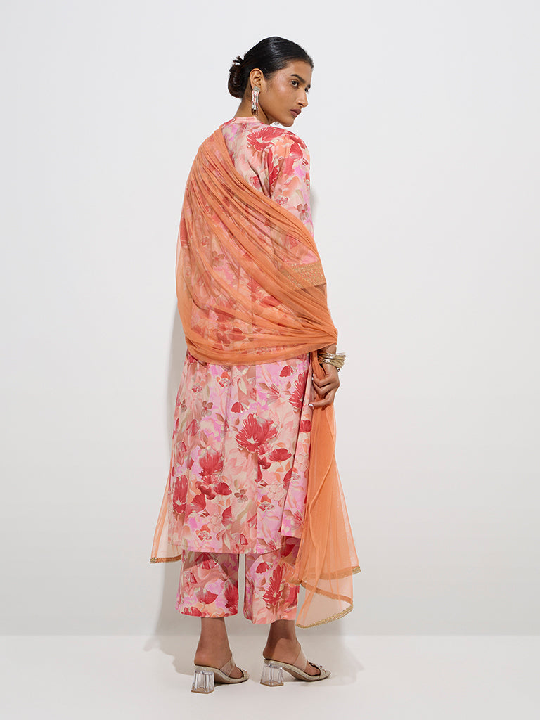 Vark Dark Peach Floral A-Line Kurta. Palazzos Dupatta Set - Image 4