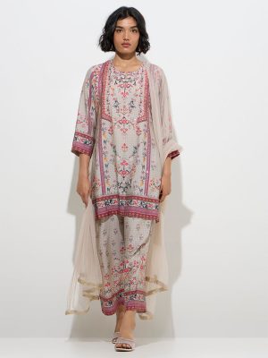 Vark Grey Floral Straight Kurti. Palazzos and Dupatta Set