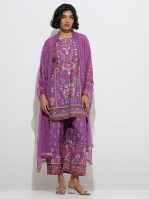 Vark Purple Floral Straight Kurti. Palazzos and Dupatta Set