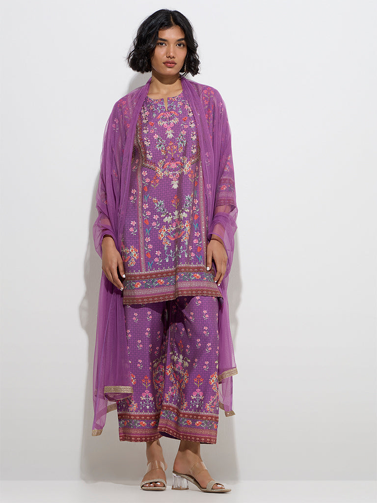 Vark Purple Floral Straight Kurti. Palazzos and Dupatta Set