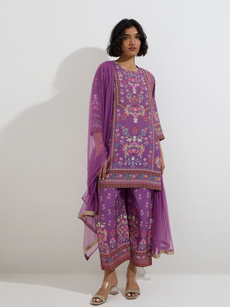 Vark Purple Floral Straight Kurti. Palazzos and Dupatta Set - Image 2