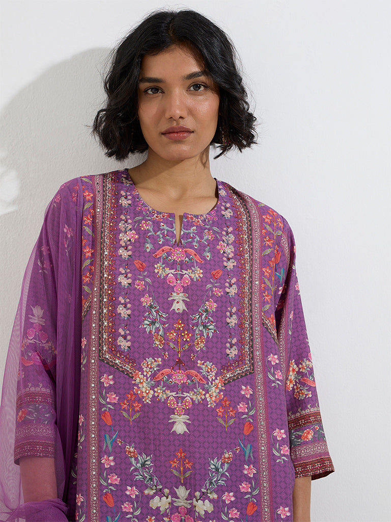 Vark Purple Floral Straight Kurti. Palazzos and Dupatta Set - Image 3