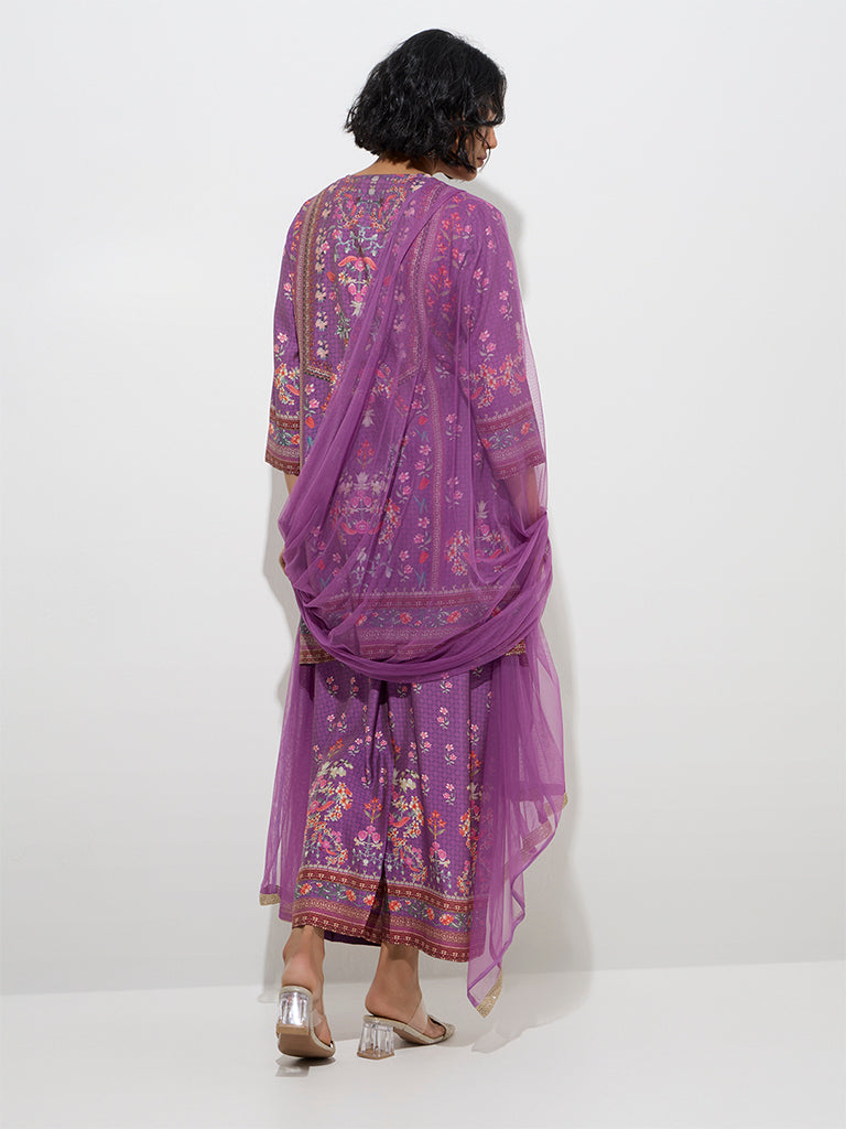 Vark Purple Floral Straight Kurti. Palazzos and Dupatta Set - Image 4