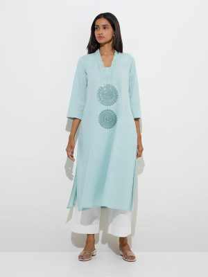 Utsa Aqua Mandala Design Cotton-Blend A-Line Kurta