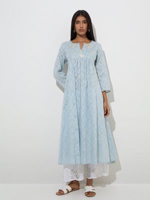 Utsa Blue Floral Embroidered A-Line Cotton-Blend Kurta
