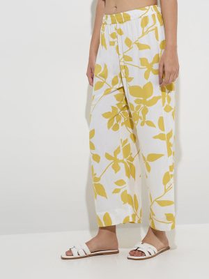 Utsa Yellow Floral Printed High-Rise Pants