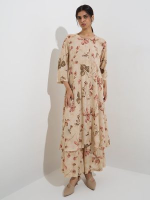 Zuba Beige Botanical Design A-Line Kurta