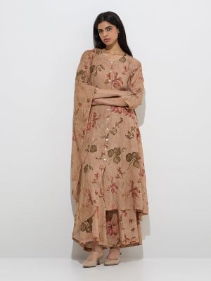 Zuba Brown Foliage Printed A-Line Kurta