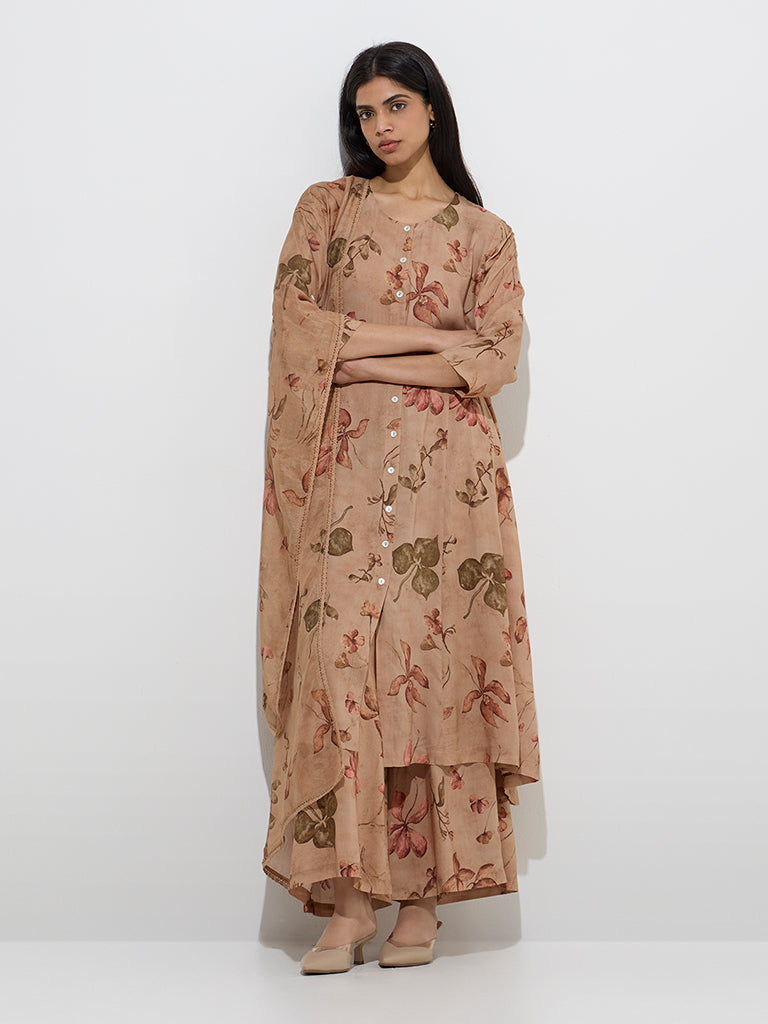 Zuba Brown Foliage Printed A-Line Kurta