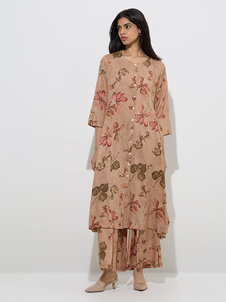 Zuba Brown Foliage Printed A-Line Kurta - Image 2