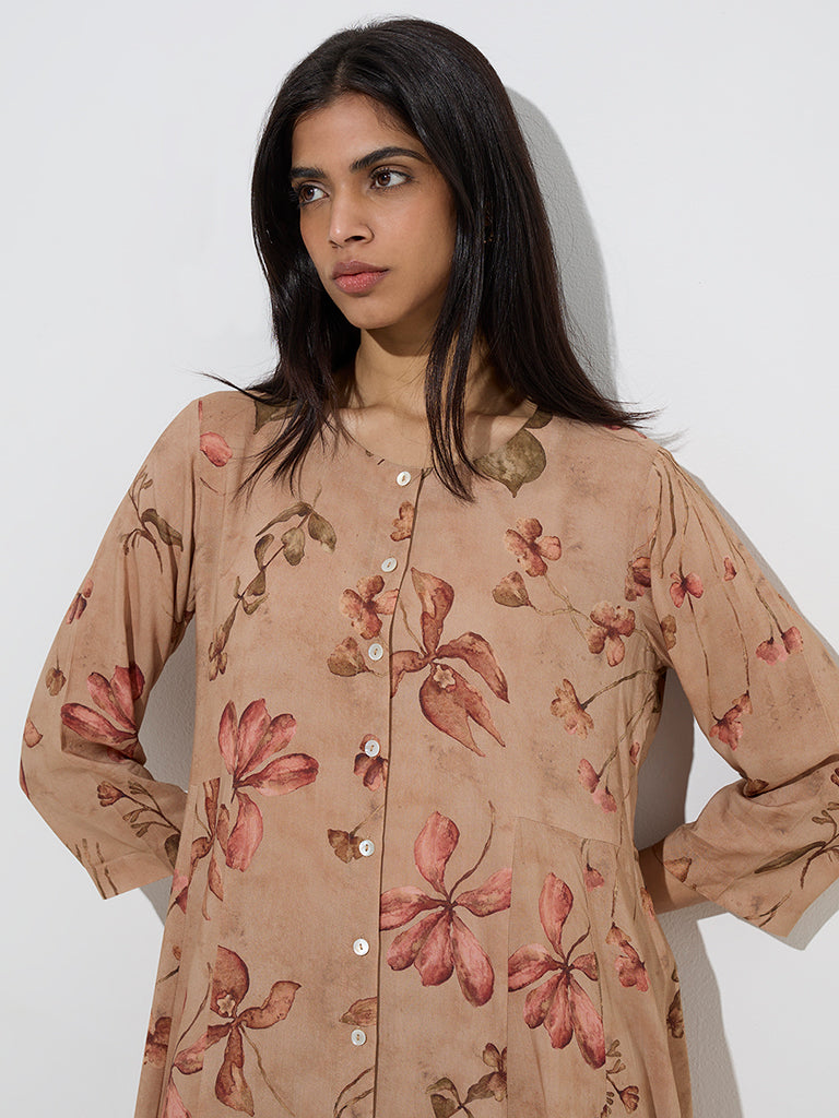 Zuba Brown Foliage Printed A-Line Kurta - Image 3