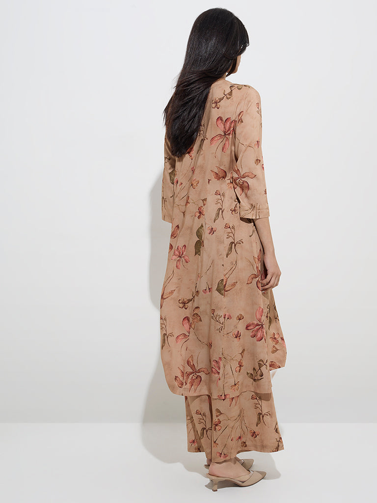 Zuba Brown Foliage Printed A-Line Kurta - Image 4