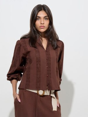 LOV Dark Brown Crochet Embroidered Cotton Blouse