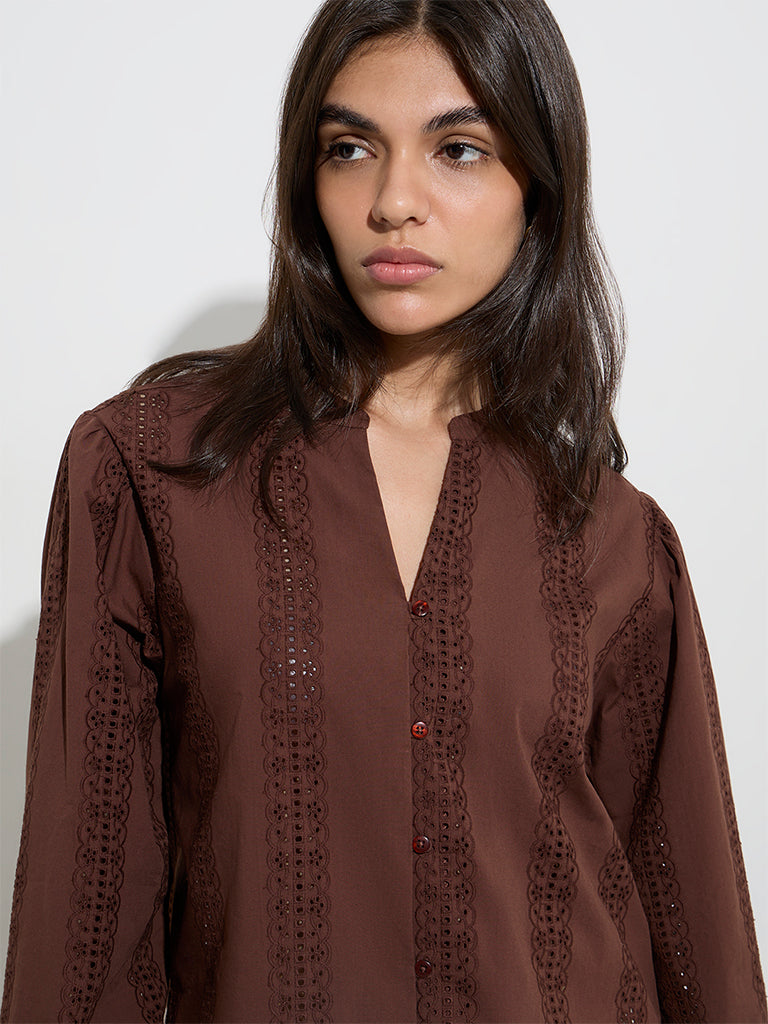 LOV Dark Brown Crochet Embroidered Cotton Blouse - Image 2