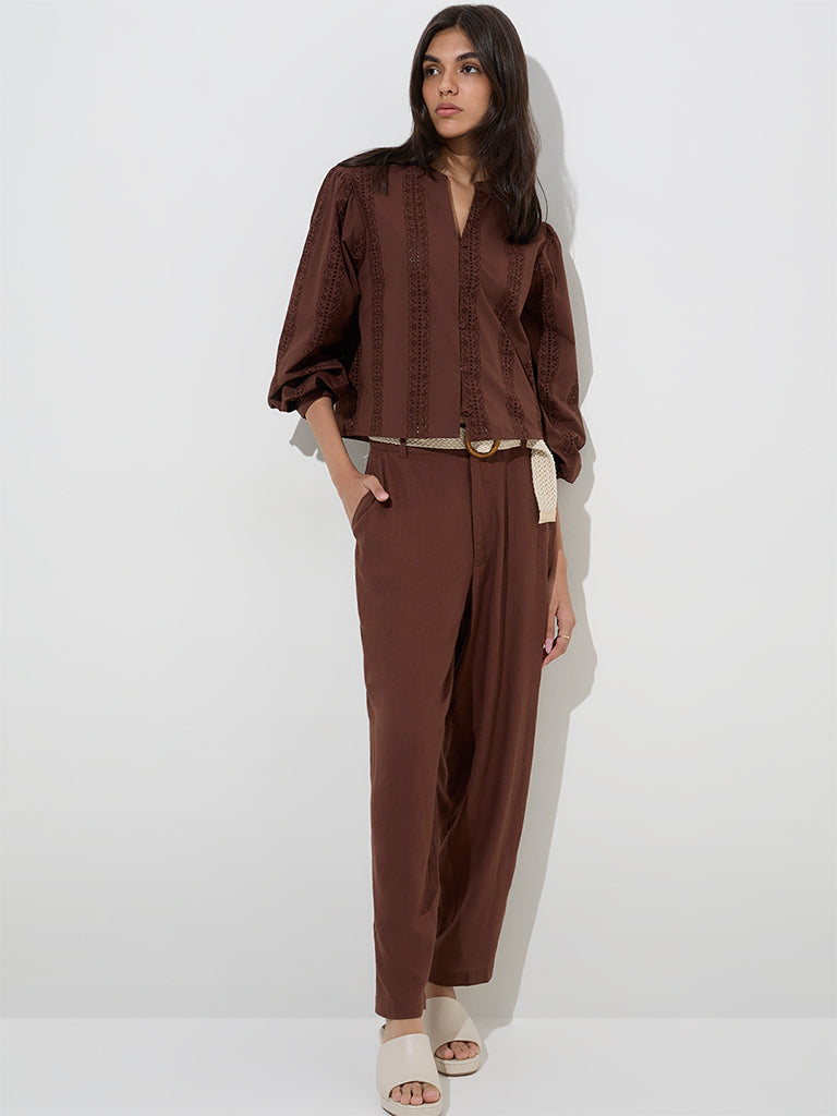 LOV Dark Brown Crochet Embroidered Cotton Blouse - Image 3