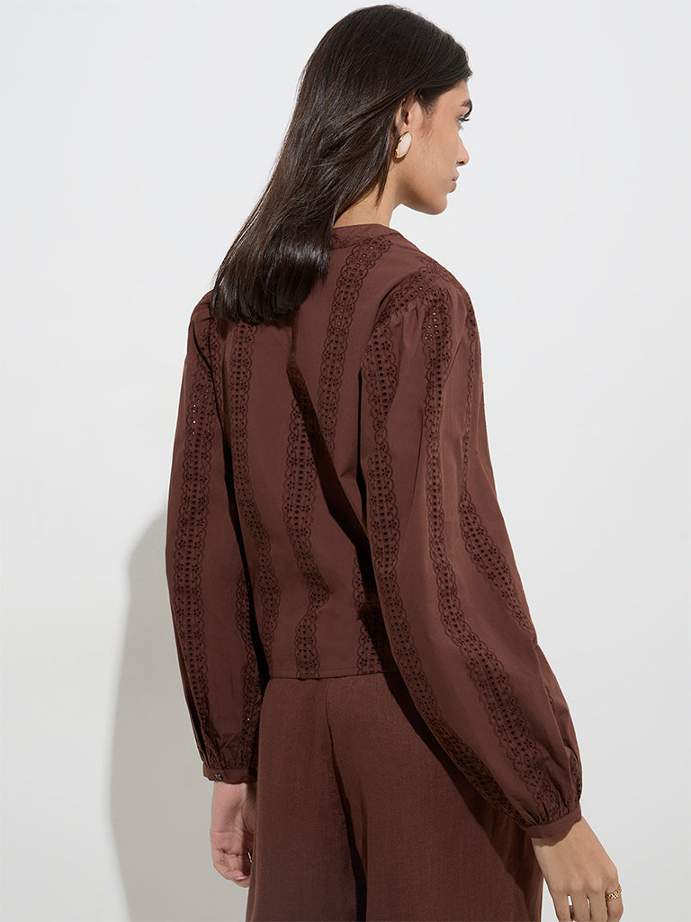 LOV Dark Brown Crochet Embroidered Cotton Blouse - Image 4