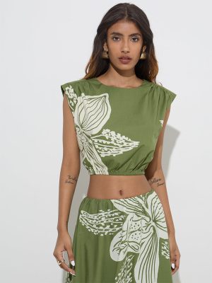 LOV Green Botanical Printed Cotton Top