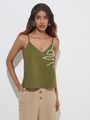 LOV Olive Abstract Design Top