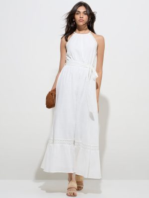 LOV White Self-Checkered Cotton A-Line Dress with Belt