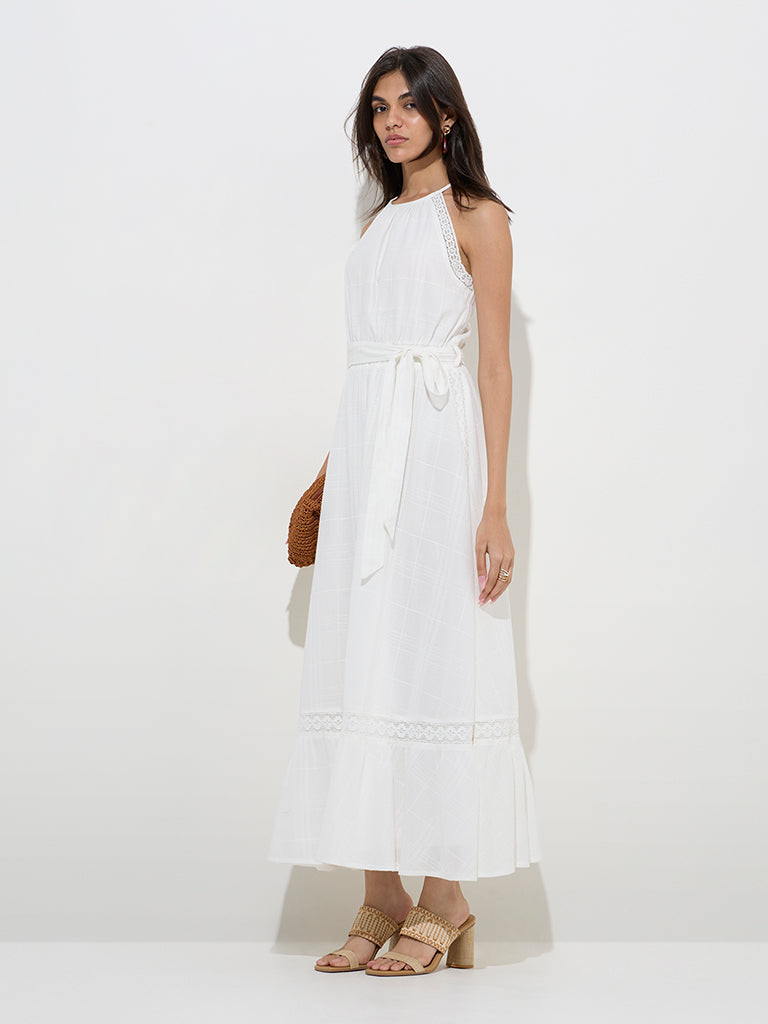 LOV White Self-Checkered Cotton A-Line Dress with Belt - Image 3
