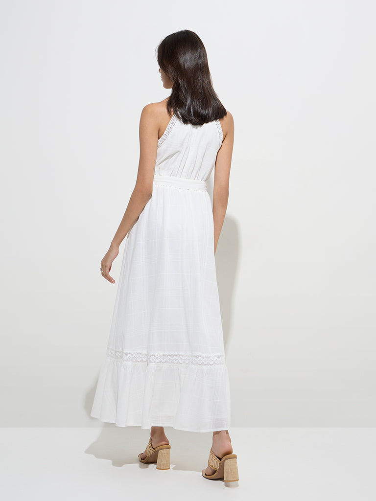 LOV White Self-Checkered Cotton A-Line Dress with Belt - Image 4